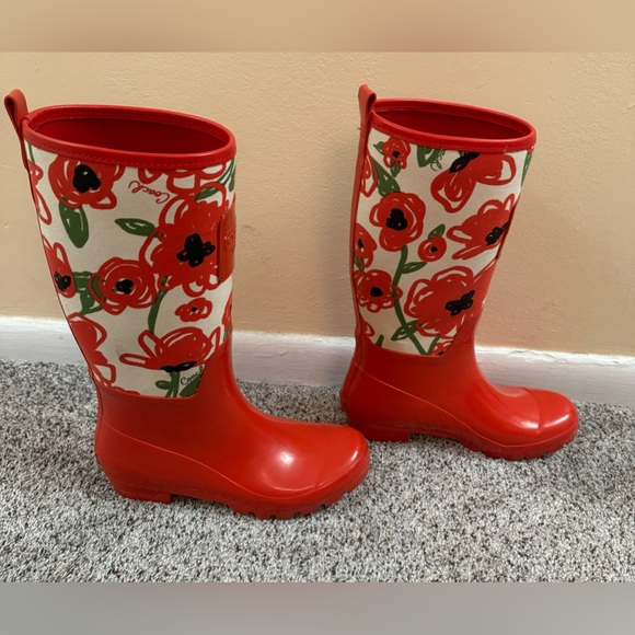 COACH Poppy Red Floral PEARL Tall Rain Boots Size 8B EUC - Picture 3 of 8